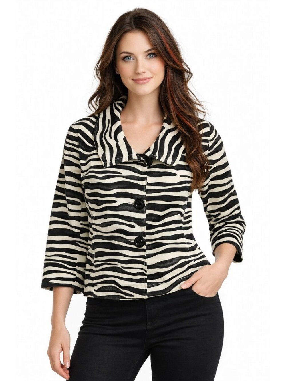 Rafaella Zebra Print Jacket Womens Sz L Black White 3/4 Sleeve Vintage Animal